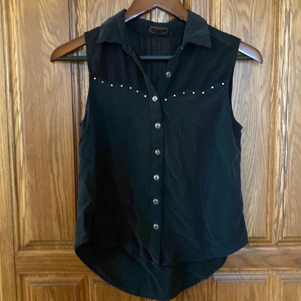 Black sleeveless half sheer top with metal details